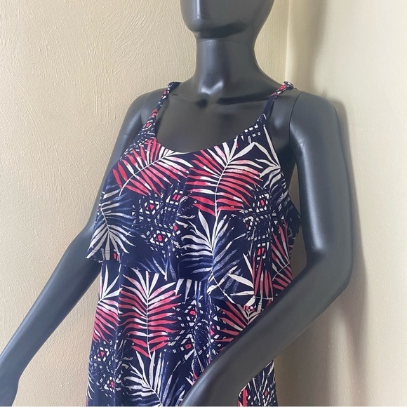 Women Express Red White Navy Palm Print/Tropical Summer Mini Dress Sz M - Picture 9 of 15